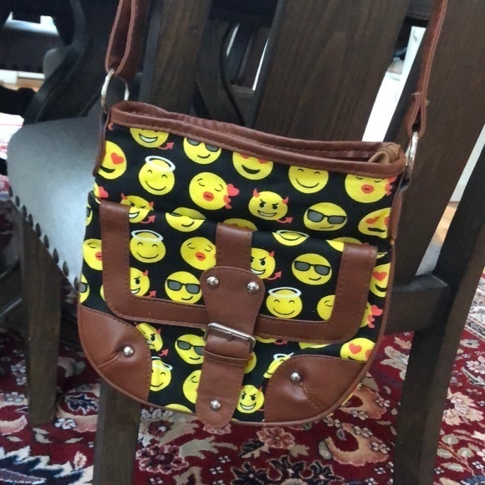 Vegan/canvas black/brwn/yellow emoji crossbody bag